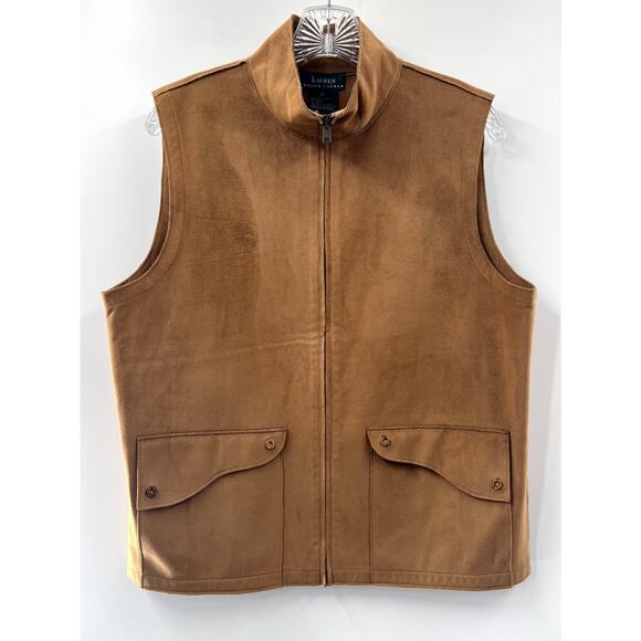 Lauren Ralph Lauren Women's Brown Solid Suede Mock Neck Full Zip Vest Size Large - Picture 1 of 10
